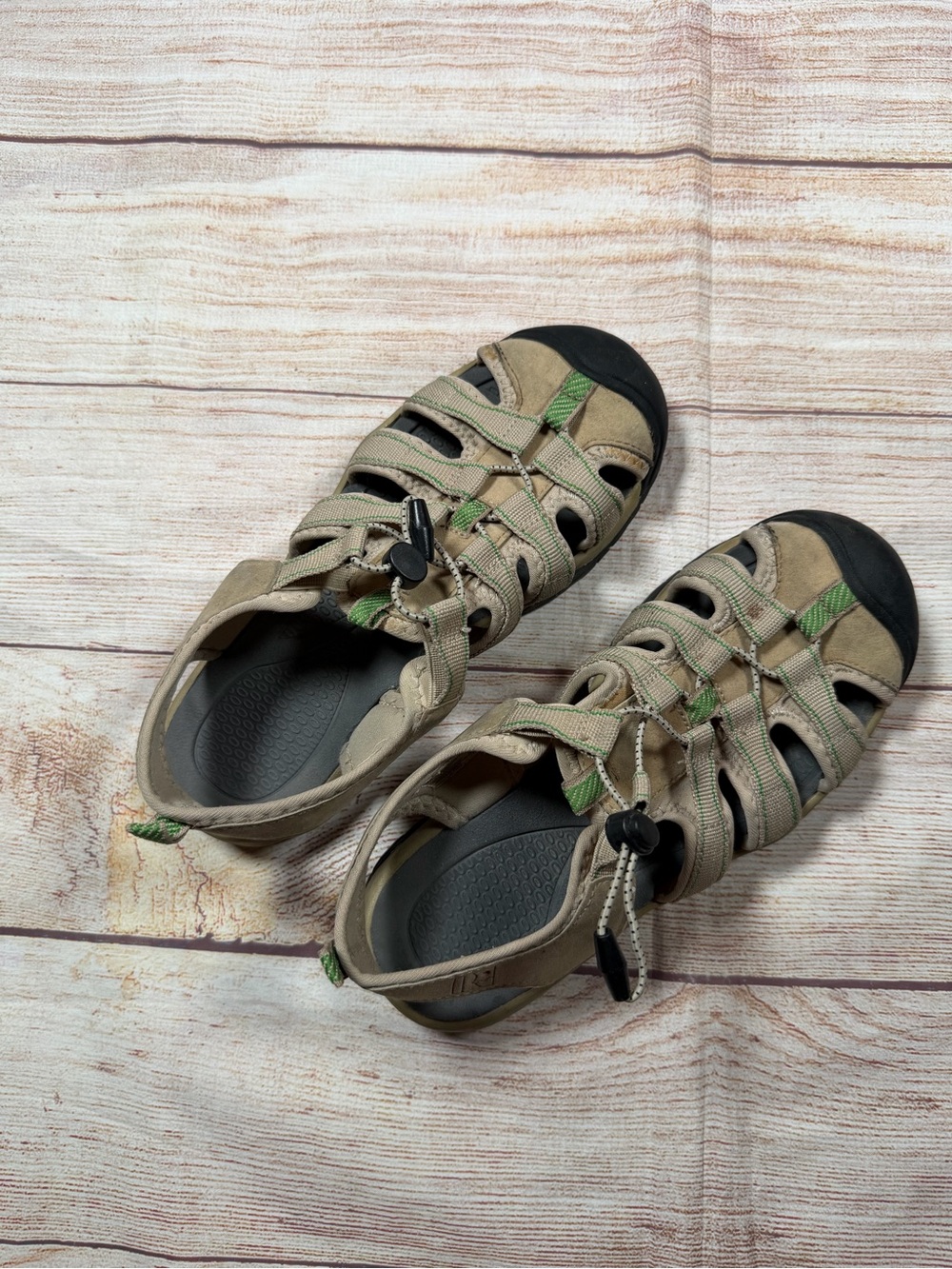 Beige and Green Outdoor Granola Gorpcore Sandal Sneakers